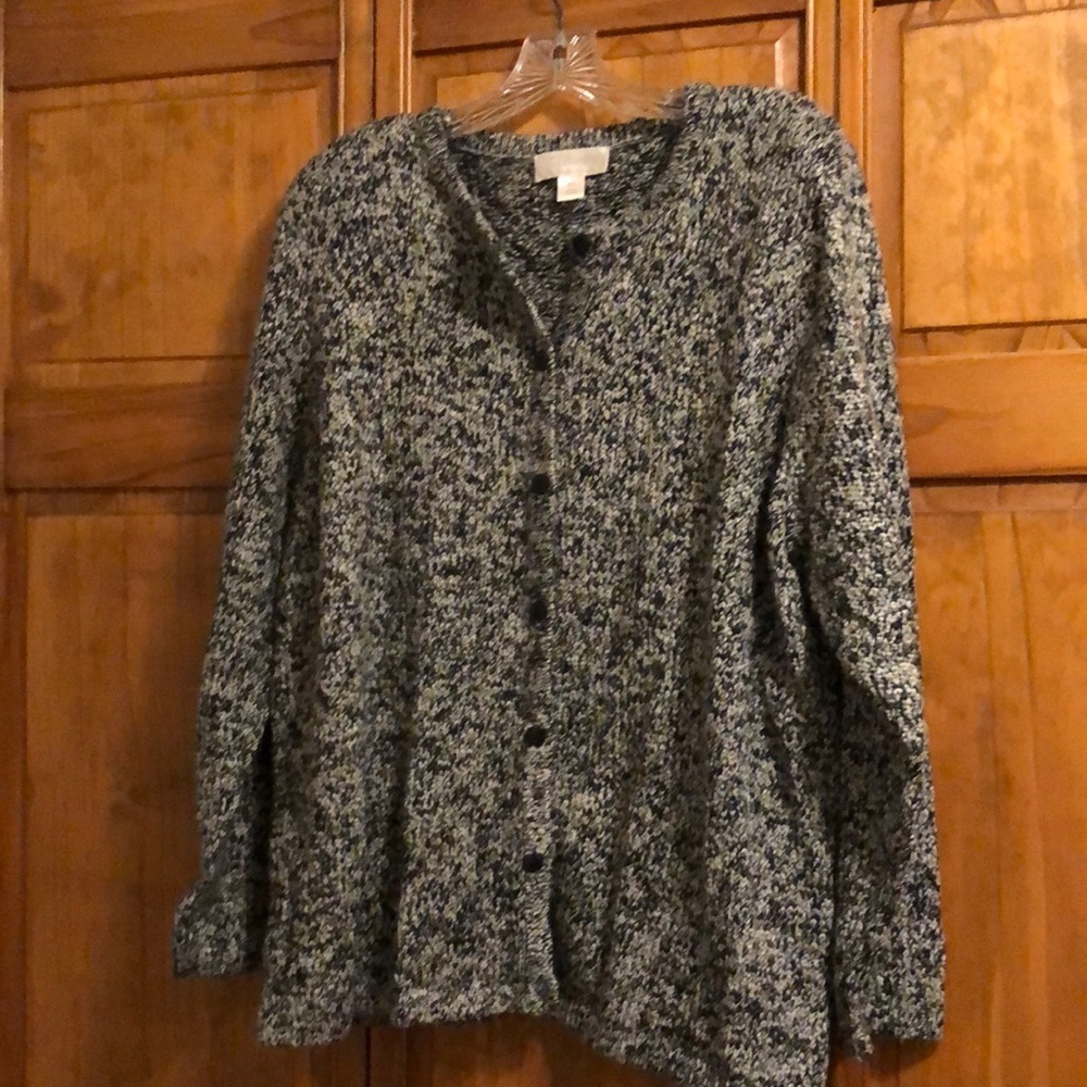 CJ Banks Black, White, Light Green Marbled Sweater 1X
